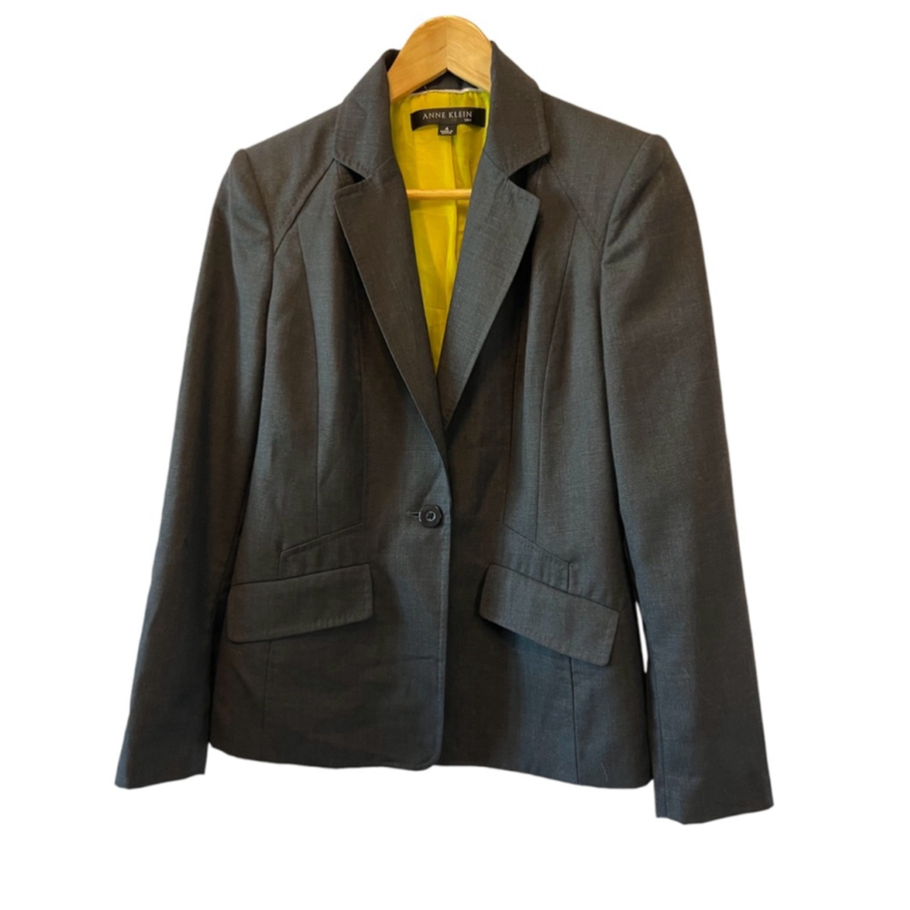 ANNE KLEIN Wool Blend Dark Grey One Button Neon Lined Dressy Blazer Jacket 4